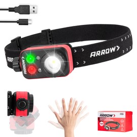 Arrow Rechargeable LED Headlamp, Zoomable Head Lamp with Red/Green/White Light, 400LM, Motion Sensor, Stepless Dimming, 90° Adjustable USB-C Headlight Battery Powered for Camping Work Hiking