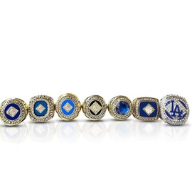 GIFT SET LOS ANGELES BASEBALL 1955 1959 1963 1965 1981 1988 2020 WORLD CHAMPIONSHIP RING, 7 RINGS SET WITH 7-HOLE WOODEN DISPLAY BOX PACKAGING, HOLIDAY GIFT FOR BASEBALL FANS, Cubic Zirconia, Cubic