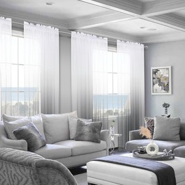Grey Curtains 84 Inch Length for Bedroom 2 Panels Set Ombre Decorative Design Rod Pocket Semi Sheer Window Drapes Modern White Gray Pattern Curtains for Living Room Wide 7FT Long Charcoal Dark Slate