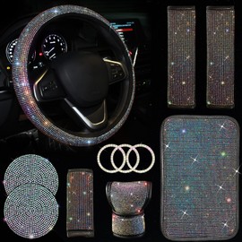 JINGSEN 11 Pcs Bling Car Accessories Set,Bling Car Accessories Set for Women,Steering Wheel Cover for Women Universal Fit 15 Inch,Rhinestone Center Console Cover(Multicolor)