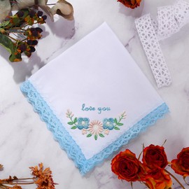 HOULIFE - Pañuelos para mujer con encaje, pañuelos de algodón suave con borde de encaje para mujeres y niñas, Azul, 10x10"/25x25cm