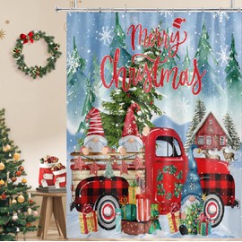 BIVINAR Christmas Gnomes Shower Curtains, Merry Christmas Buffalo Plaid Red Truck Shower Curtain, Winter Forest Snowy Snowflake Cabin Deer Fabric Shower Curtain, 72 x 72 Inch