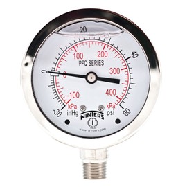 Winters 2-1/2" Dial Size, Liquid Filled Industrial Pressure Gauge, Stainless Steel Case and Internals, Dual Scale 30" Hg-0-60 psi/kPa, 1.5% Acc, 1/4" NPT Bottom Mount, Pressure and Vacuum Gauge