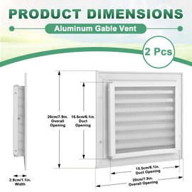 8" x 8" Aluminum Gable Vent for House, 2 Pack Wall-Mountable Square Vent Louvered Exterior Attic Roof Vents, Vent Opening: 6" x 6"
