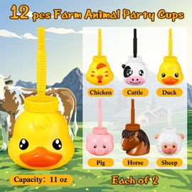 Roshtia 12 Sets Farm Animal Cups with Straws and Lids 11 oz Plastic Animal Themed Cute Pig Sheep Chicken Duck Horse Cow Straw Cups for Kids Birthday Farm Theme Party Favor Supplies