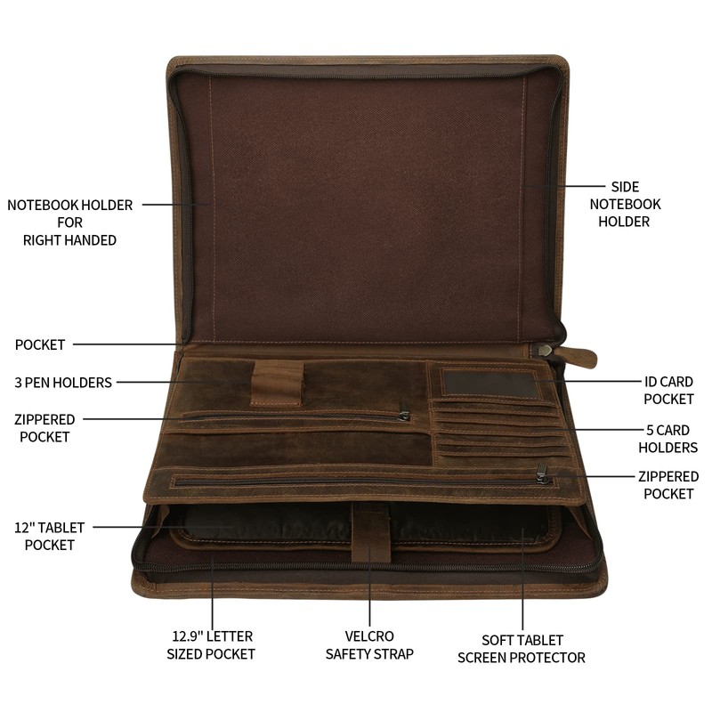Ringsun Leather Portfolio Organizer with Zipper for Men Women, Leather