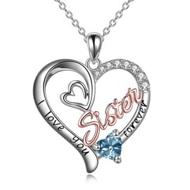 WINNICACA Sister Pendant Sterling Silver I Love You Forever Necklace Birthstone Pendant Jewellery for Women Sister Friend Birthday Gifts, Sterling Silver, Cubic Zirconia