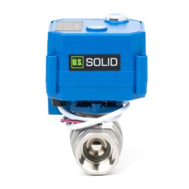 U.S. Solid Motorized Ball Valve with Manual Function - 3/4" NSF Certified 304SS, Full Port, 85-265V AC, 2-wire Automatic Return, Normally Closed