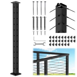 CKE T-Drilled Corner Post Cable Railing, Three Sides T-Drilled 42" Cable Railing Corner Post (Post 41"x2"x2") with Cable Grommets, 90° Black Finish Stainless Steel Corner Post for Indoor Outdoor, CP02