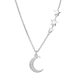Vanbelle Sterling Silver - Rhodium Plated with 925 Stamp - Crescent Moon and Star Pendant Necklace with CZ Stones for Women - 16" Chain + 2" Extender