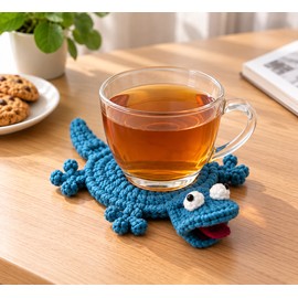 Blue Lizard Crochet Cup Coaster for Coffee & Tea – Handwoven Textile Table Mat for Home and Desk Decor