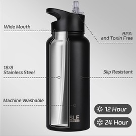 HASLE OUTFITTERS 32 oz Insulated Water Bottle Stainless Steel Double Walled Vacuum Sports Water Bottle with 2 Lids (Straw and Spout Lid) for Gym Camping Hiking(Black,4)