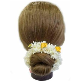 AnNafi Mogra White Gajra Flower Rubber Band for Hair and Hand Accessories, Indian Bridal Style, 1 Count (Yellow)