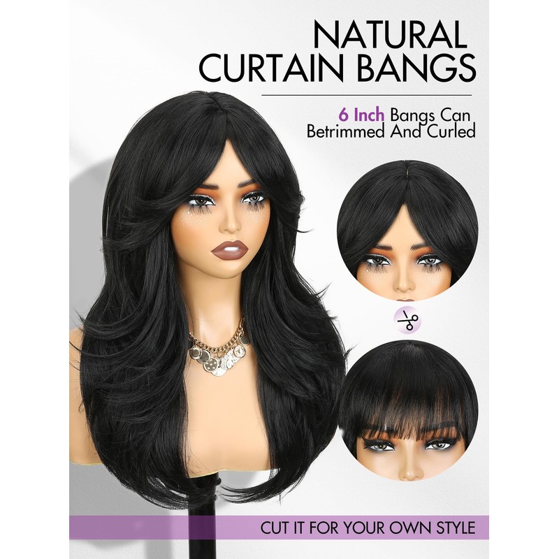 WIGER Layered Wavy Wig with Bangs Middle Part Glueless Curtain