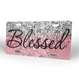 Christian Religious Blessed Pink Glitter Bling Blessed Aluminum Plate Decorative for Car Novelty Car Sign Vanity Tag 6×12 Inch - 4 Holes