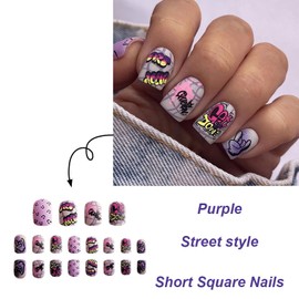 24Pcs Short Press on Nails Cute Fake Nails Full Cover Glue on Nails Square Shape False Nails with Designs Matte Stick on Nails Pink Acrylic Artificial Nails Short Nails Press on for Women Nail Decor