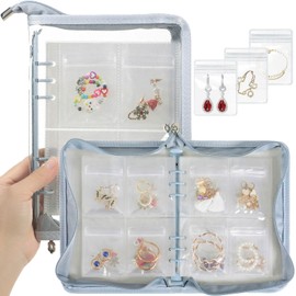 AOLEIXIYA Travel Jewelry Organizer Book Clear Earring Book Transparent Jewelry Storage Book with Zipper Pouch (Light blue, 80-Piece Clear Earring Bags)