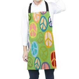 Mugod Peace Symbol Funny Apron Colorful Hippy Peace Sign Seamless Pattern with Green Background Adjustable Neck Kitchen Apron for Men Women Cooking Baking BBQ Grilling 27"x31"