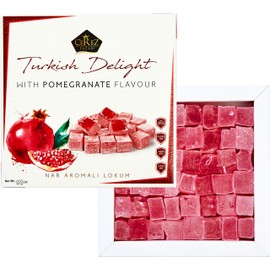 Turkish Delight with Pomegranate Flavor 16 oz Gourmet Medium Size Snacks Gift Box | No Nuts Sweet Luxury Traditional Confectionery Vegan Soft Candy Dessert Glucose Free Lokum (Loukoumi) Approx.42 Pcs