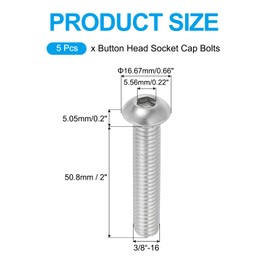 PATIKIL 3/8-16x2" Button Head Socket Cap Screws, 5 Pcs 304 Stainless Steel 18-8 Socket Cap Screw Bolts Allen Hex Drive Full Thread Fine Thread UNC
