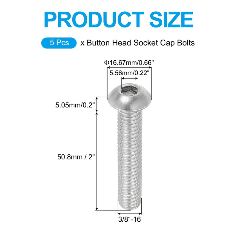 PATIKIL 3/8-16x2" Button Head Socket Cap Screws, 5 Pcs 304