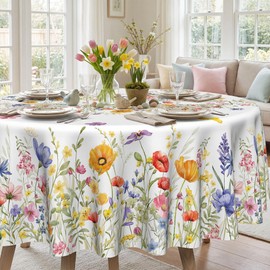 Dolficy Spring Floral Tablecloth Round 52 Inch, Spring Watercolor Flowers Decorations for Home Table Cloth, Blooming Flower Decor Tablecloths Polyester for Picnic Party Dinner