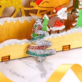 BriLove Women's Crystal Rhinestone Ribbon-Shape Star Merry Christmas Tree Brooch Pin Multicolor Silver-Tone
