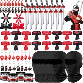 Tondiamo 112 Pcs Ninja Party Favors Include Ninja Masks Headbands Bracelets Inflatable Swords Keychains Stretch Flying Slingshot Star Throwing Toys for Karate Birthday Party Gift Decoration