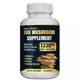Simply Potent Mushroom Complex Supplement w/ 10X Mushrooms for Energy, Stress Relief, Immunity