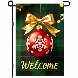 IVN Christmas Garden Flag Red Ornament With Snowflake Pattern Gold Ribbon And Welcome Text 12x18 Inch Double-Sided Outdoor Yard Flag Suitable For Porch And Yard