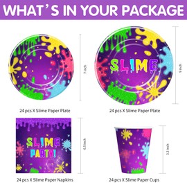Suhelkit Slime Birthday Party Decorations Tableware - Slime Party Supplies, Plate, Cup, Napkin, Tablecloth, Cutlery, Purple Glitter Slime Splatter Splash Colorful Theme Table Decorations | Serve 24