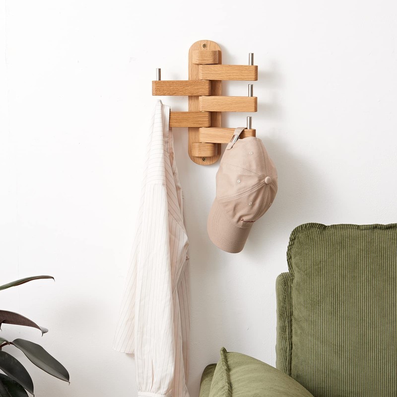 TREOAKWIS Oak Wood Coat Hooks, Coat Rack Wall Mount Swivel