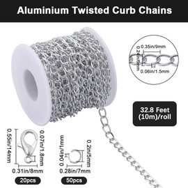 SOFPLATE 32.8 Feet Cable Link Chain Bulk Curb Chain Links Aluminium Curb Chain Roll with 20Pcs Lobster Claw Clasps & 50Pcs Brass Jump Rings jewellery Findings for DIY Crafts Necklace Bracelet Making