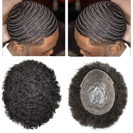 Afro Toupee For Black Men African American Afro Hair Systems Full Poly THIN SKIN Man Weave Balding Mens Custom Hair Unit Male ALL PU Human Hair Replacement with weaves (#1B Off Black, 8mm Wave Curl)