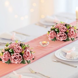 BLOSMON Flower Ball Centerpiece Table: 2 Pcs Dusty Pink Fake Roses Flowers Artificial for Wedding - Silk Kissing Bouquet Floral Arrangement Center for Home Party Decor
