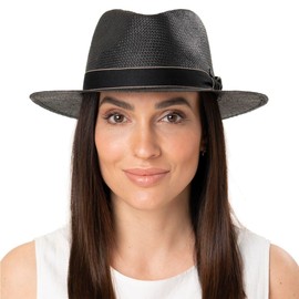 Lipodo Black Traveller Straw Hat Women Men Made in Italy Sun Hat 100% Paper Straw Grosgrain Ribbon Beach Hat Spring Summer Black XL (60-61 cm)