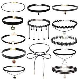 Choker Necklace for Women 13 Pieces Black Choker Necklace Set Black Lace Tattoo Velvet Choker for Party Dress Decorations
