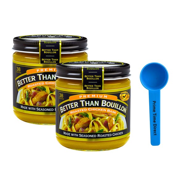 Better Than Bouillon Roasted Chicken Base 8 oz (Pack of 2) Bundle with PrimeTime Direct Teaspoon Scoop with BTB Authenticity Seal