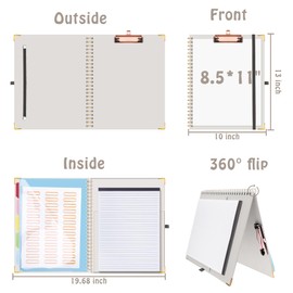 HAUTOCO Clipboard Folder, Clipboard with Storage, Clipboard A4 with 5 Folder Dividers Notepad Labels Pen Loop, A4 Folder for Presentation Conference Documents Legal Nurse Pad Office School, Gray