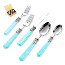 CATHYLIN 20 pieces 18/10 Stainless Steel Silverware Sets With Blue Handle,Vintage Cutlery Sets,Sliverware set Service for 4,Dishware Safe (20, Blue)