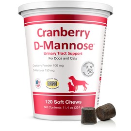 Cranberry D-Mannose Urinary Tract Support Supplement for Cats and Dogs - Cranberry Extract, D-Mannose, Vitamin C - Bladder and UTI Treatment - Made in USA - 120 Soft Chews
