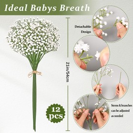 Artflower Babys Breath Artificial Flowers, 12Pcs Baby Breath Flowers Artificial Bulk, Fake White Gypsophila Babies Breath Real Touch Flowers for Wedding Bouquet Floral Arrangement Party Home Decor