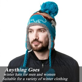 NU TRENDZ Peruvian Beanie Knitted Hat with Ear Flaps, Turquoise Winter Fleece Lined Pom Pom Beanie for Women Men, Thick Slouchy Snow Warm Knit Cap for Cold Weather