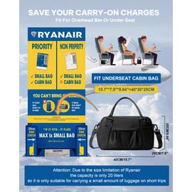 for Ryanair Airlines Underseat Cabin Bag 40X20X25 Weekend Overnight Bags for Women Carry on Bag Holdall Travel Duffel Bag Sport Duffel Bag with Wet Bag Gym Tote Bag Mum Hospital Bag,J2-Black
