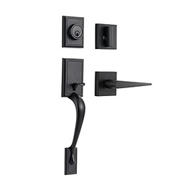 GUA OYH Front Door Handle Matte Black Front Door Lock Set Door Handle Sets with Handle Lever Exterior Door Handle for Front Door or Office Door (L36158-B-S116)