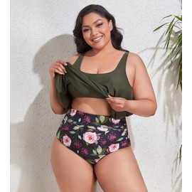 Mooncore Womens Plus Size Swimsuit High Waisted Tankini Bathing Suits Two Piece Flounce Bikini Swimsuit (Green, 3XL)