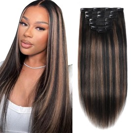 Loxxy Yaki Straight Clip Ins Human Hair 100% Real Hair, Natural Black Mixed Chestnut Brown Design Yaki Clip Ins for Black Women 14 Inches 7Pcs 120g
