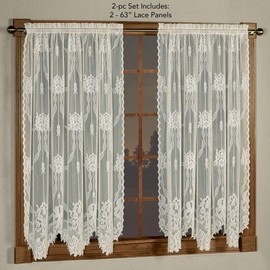 Romantic Garland Lace Window Treatments | Classic Ivory | Hand-Cut Floral and Leaf Designs in Solid Color Fine-Gauge Polyester Jacquard Lace | Rod Pocket Window Drapery Set: Two 63L Curtain Panels
