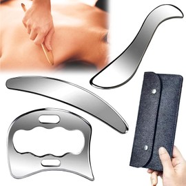 Gua Sha Stainless Steel, 3 in 1 Gua Sha Scraper Set Fascia Scraper Guasha Lymphatic Drainage Massager Whole Body Cellulite Massage for Face Neck Shoulder Arm Legs Back Muscle Relaxation