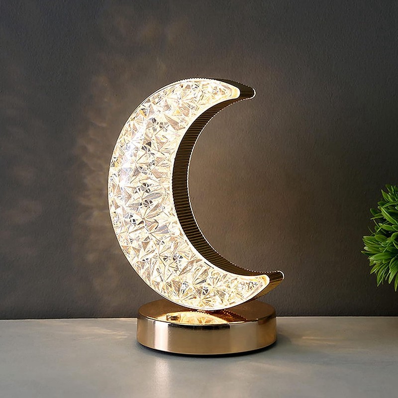 Bedside Table Lamp Crystal Moon Shape Cordless Rechargeable Long Touch